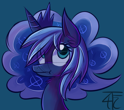 Size: 680x605 | Tagged: dead source, safe, artist:php92, princess luna, alicorn, pony, g4, :t, blue background, bust, crown, female, jewelry, looking up, mare, portrait, regalia, signature, simple background, solo