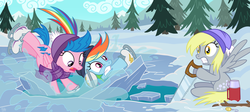 Size: 2163x970 | Tagged: safe, artist:sorcerushorserus, derpy hooves, firefly, rainbow dash, pegasus, pony, comic:dash academy, g1, g4, crosscut saw, female, g1 to g4, generation leap, ice, ice skating, mare, saw, sitting, winter