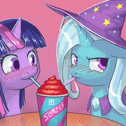 Size: 850x850 | Tagged: safe, artist:lurarin, trixie, twilight sparkle, pony, unicorn, g4, 7-eleven, blushing, colored pupils, drink, drinking straw, female, lesbian, mare, sharing a drink, ship:twixie, shipping, slurpee, tsundere