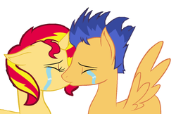 Size: 1024x662 | Tagged: safe, artist:3d4d, flash sentry, sunset shimmer, pony, unicorn, g4, crying, duo, female, kiss on the lips, kissing, male, ship:flashimmer, shipping, straight