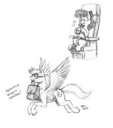 Size: 1100x1252 | Tagged: safe, artist:baron engel, oc, oc only, oc:sky brush, pegasus, pony, :t, bag, cute, everfree northwest, flying, grayscale, hoof hold, juice box, monochrome, mouth hold, pencil drawing, plane, sitting, sketch, smiling, spread wings, suitcase, traditional art