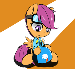 Size: 700x650 | Tagged: dead source, safe, artist:ranban, scootaloo, pegasus, pony, g4, backpack, clothes, cute, cutealoo, female, filly, goggles, helmet, jacket, pixiv, sitting, solo