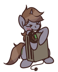 Size: 1280x1585 | Tagged: safe, artist:inlucidreverie, oc, oc only, oc:littlepip, pony, unicorn, fallout equestria, blushing, fanfic, fanfic art, female, hooves, horn, mare, pipboy, pipbuck, simple background, smiling, solo, teeth, toaster, toaster repair pony, transparent background