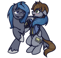 Size: 1000x959 | Tagged: safe, artist:inlucidreverie, oc, oc only, oc:homage, oc:littlepip, pony, unicorn, fallout equestria, bedroom eyes, blushing, clothes, colored hooves, cutie mark, fanfic, fanfic art, floppy ears, gay, hooves, horn, jumpsuit, male, oc x oc, open mouth, pipbuck, rule 63, seduction, ship:pipmage, shipping, simple background, smiling, stallion, tail seduce, teeth, transparent background, vault suit