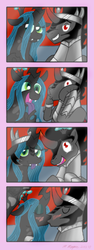Size: 450x1195 | Tagged: safe, artist:intelligent-zombie, king sombra, queen chrysalis, g4, accessory swap, blushing, crown, female, kissing, male, photo booth, ship:chrysombra, shipping, straight, unholy matrimony