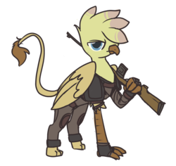 Size: 900x848 | Tagged: safe, artist:inlucidreverie, oc, oc only, oc:golden plume, griffon, fallout equestria, clothes, fingerless gloves, gloves, gun, simple background, solo, transparent background