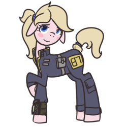 Size: 900x900 | Tagged: safe, artist:inlucidreverie, oc, oc only, earth pony, pony, fallout equestria, blushing, clothes, jumpsuit, ponytail, simple background, solo, transparent background, vault suit