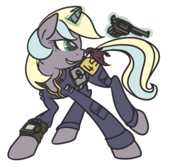 Size: 900x850 | Tagged: safe, artist:inlucidreverie, oc, oc only, pony, unicorn, fallout equestria, clothes, gun, jumpsuit, magic, simple background, solo, tail bow, telekinesis, transparent background, vault suit