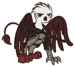 Size: 900x800 | Tagged: safe, artist:inlucidreverie, oc, oc only, griffon, fallout equestria, clothes, gun, simple background, solo, transparent background