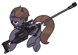 Size: 900x638 | Tagged: safe, artist:inlucidreverie, oc, oc only, oc:littlepip, pony, unicorn, fallout equestria, bedroom eyes, clothes, fanfic, fanfic art, female, freckles, gun, hooves, horn, jumpsuit, mare, optical sight, pipbuck, rifle, simple background, smiling, sniper rifle, solo, teeth, transparent background, vault suit, weapon