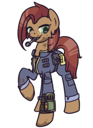 Size: 900x1238 | Tagged: safe, artist:inlucidreverie, oc, oc only, earth pony, pony, fallout equestria, clothes, freckles, jumpsuit, pipbuck, simple background, solo, tools, transparent background, vault suit