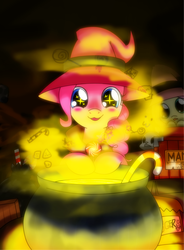 Size: 1120x1520 | Tagged: safe, artist:hoyeechun, angel bunny, fluttershy, pinkie pie, earth pony, pegasus, pony, g4, candy, candy cane, cauldron, duo, food, hat, solo focus, sparkly eyes, wingding eyes, witch hat, wizard