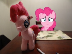 Size: 4896x3672 | Tagged: safe, artist:emedina13, pinkie pie, earth pony, pony, g4, chair, female, irl, mare, pen, photo, pinkie pie plushie, plushie, ponies in real life, ring, self plushidox, self ponidox, table, vector