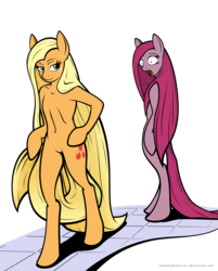 Size: 4548x5662 | Tagged: safe, artist:randomlywhimsical, applejack, pinkie pie, pony, semi-anthro, g4, absurd resolution, alternate hairstyle, bipedal, duo, impossibly long hair, pinkamena diane pie