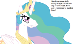 Size: 900x547 | Tagged: safe, artist:sonicbreakbeat, princess celestia, alicorn, pony, g4, angry, bronybait, cakelestia, female, frown, glare, gritted teeth, hair over one eye, looking up, mare, randomosaur, simple background, solo, text, vector, white background