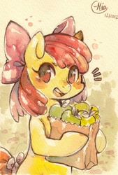 Size: 507x752 | Tagged: safe, artist:mi-eau, apple bloom, earth pony, pony, g4, apple, bag, bipedal, carrying, female, filly, groceries, paper bag, solo, traditional art, watercolor painting