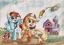 Size: 1024x725 | Tagged: safe, artist:the-wizard-of-art, applejack, rainbow dash, earth pony, pegasus, pony, g4, applejack's hat, clothes, converse, cowboy hat, duo, duo female, female, hat, shoes, traditional art, watercolor painting