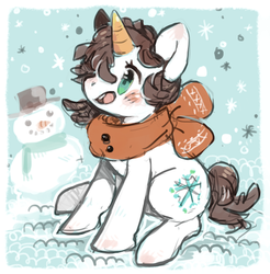 Size: 465x473 | Tagged: safe, artist:mi-eau, oc, oc only, carrot, clothes, scarf, snow, snowfall, snowman, solo