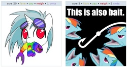 Size: 526x279 | Tagged: safe, dj pon-3, rainbow dash, vinyl scratch, fish, rainbow trout, g4, bait, exploitable meme, juxtaposition, juxtaposition win, meme, pun, this is bait