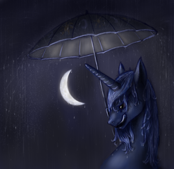 Size: 748x728 | Tagged: safe, artist:grayma1k, princess luna, alicorn, pony, g4, crescent moon, dark, female, glowing, moon, mouth hold, rain, solo, tangible heavenly object, umbrella, wet, wet mane