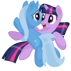 Size: 2300x2300 | Tagged: safe, artist:transparentpony, trixie, twilight sparkle, pony, unicorn, g4, female, lesbian, lying down, on back, ship:twixie, shipping, unicorn twilight