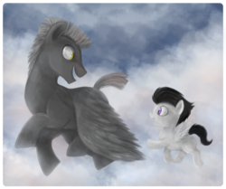 Size: 900x753 | Tagged: safe, artist:mn27, rumble, thunderlane, pegasus, pony, g4, brothers, cloud, colt, duo, duo male, flying, foal, happy, male, stallion