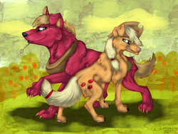 Size: 1066x800 | Tagged: safe, artist:suzamuri, applejack, big macintosh, dog, g4, appledog, dogified, species swap