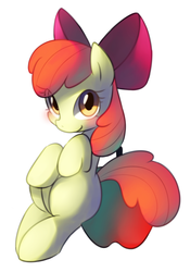 Size: 1213x1735 | Tagged: safe, artist:maren, apple bloom, earth pony, pony, g4, adorabloom, apple, bipedal, bipedal leaning, blushing, cute, female, filly, food, leaning, simple background, solo, white background
