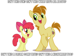 Size: 830x627 | Tagged: safe, artist:anima-dos, edit, apple bloom, mandopony, earth pony, pony, g4, caption, female, filly, foal, harsher in hindsight, i love little girls, image macro, mandobloom, oingo boingo, ponysona, shipping, song reference, text