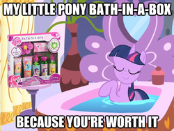 Size: 625x469 | Tagged: safe, edit, edited screencap, screencap, applejack, fluttershy, pinkie pie, rainbow dash, rarity, twilight sparkle, g4, bath, bathtub, image macro, mane six, merchandise, my little ponies using my little pony merchandise, product placement, ryo bakura, yami bakura, yugioh abridged