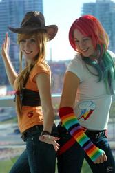 Size: 641x960 | Tagged: safe, artist:artisticangel17, applejack, rainbow dash, human, g4, cosplay, irl, irl human, photo