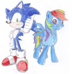 Size: 831x857 | Tagged: safe, artist:megaartist923, rainbow dash, g4, crossover, male, sonic the hedgehog, sonic the hedgehog (series), traditional art