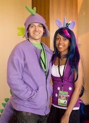 Size: 431x600 | Tagged: safe, spike, twilight sparkle, human, g4, clothes, cosplay, hoodie, irl, irl human, photo