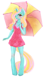 Size: 600x1017 | Tagged: safe, artist:cosmicunicorn, dewdrop dazzle, unicorn, anthro, unguligrade anthro, g4, eyeshadow, horn, makeup, solo, umbrella