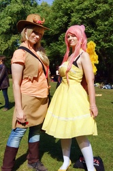 Size: 1278x1920 | Tagged: safe, applejack, fluttershy, human, g4, cosplay, irl, irl human, photo