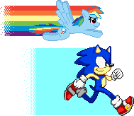 Size: 189x164 | Tagged: safe, artist:super-hedgehog, rainbow dash, g4, crossover, duo, female, gif, male, mare, non-animated gif, pixel art, simple background, sonic the hedgehog, sonic the hedgehog (series), speed trail, transparent background