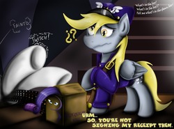 Size: 1280x945 | Tagged: safe, artist:jamescorck, derpy hooves, rarity, oc, oc:movie slate, pegasus, pony, g4, ask, box, cardboard box, confused, faint, female, hat, implied decapitation, legs in air, mailbag, mane, mare, on back, question mark, raised hoof, se7en, solo focus, tumblr, twitch, twitching, underhoof, wat, wavy mouth, wide eyes