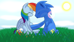 Size: 1920x1080 | Tagged: safe, artist:dekomaru, rainbow dash, oc, oc:sonic dash, pony, g4, canon x oc, commission, crossover shipping, female, love, male, ponified, preggo dash, pregnant, shipping, sonic the hedgehog, sonic the hedgehog (series), sonicdash, straight