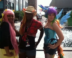 Size: 822x658 | Tagged: safe, applejack, fluttershy, rainbow dash, human, g4, cosplay, irl, irl human, photo