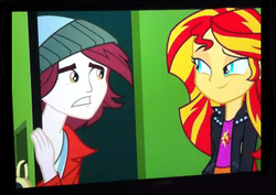 Size: 440x312 | Tagged: safe, screencap, normal norman, sunset shimmer, equestria girls, g4, my little pony equestria girls, >rape, background human, duo, normsun