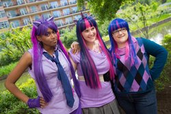Size: 960x638 | Tagged: artist needed, source needed, safe, twilight sparkle, human, g4, clothes, cosplay, glasses, group photo, irl, irl human, necktie, photo, sweater