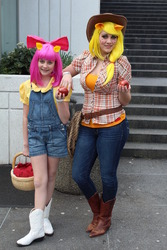 Size: 1280x1920 | Tagged: artist needed, source needed, safe, artist:canadianjaeger, artist:weatherstone, apple bloom, applejack, human, g4, apple, basket, cosplay, fan expo, irl, irl human, obligatory apple, overalls, photo, target demographic, vancouver fan expo, vancouver fan expo 2013