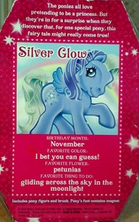 Size: 1728x2745 | Tagged: safe, photographer:elisha, silver glow, g3, backcard, pony's foot contains magnet, text
