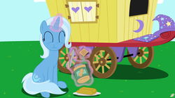 Size: 6400x3600 | Tagged: safe, artist:gammaespeon, trixie, pony, unicorn, g4, ^^, eating, eyes closed, female, food, mare, peanut butter, peanut butter crackers, solo