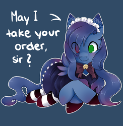 Size: 1280x1309 | Tagged: safe, artist:ask-aki-pony, oc, oc only, pegasus, pony, aki, clothes, heterochromia, maid, socks, solo, striped socks