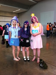 Size: 956x1280 | Tagged: artist needed, source needed, safe, princess cadance, trixie, twilight sparkle, human, g4, clothes, cosplay, irl, irl human, mary janes, photo, sandals, skirt, sunglasses