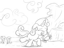 Size: 2400x1800 | Tagged: safe, artist:dtcx97, apple bloom, scootaloo, sweetie belle, crab, g4, beach, cutie mark crusaders, lineart, monochrome, nose pinch, pointy ponies, sweetie fighting a tiny crab