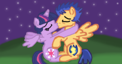 Size: 1024x539 | Tagged: safe, artist:indigorushbrony, flash sentry, twilight sparkle, pegasus, pony, equestria girls, g4, my little pony equestria girls, duo, equestria girls ponified, eyes closed, female, kiss on the lips, kissing, male, mare, night, ponified, ship:flashlight, shipping, stallion, straight, twilight sparkle (alicorn)
