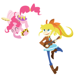 Size: 946x960 | Tagged: safe, artist:dbkit, megan williams, pinkie pie, human, pony, g1, g4, duo, g1 to g4, generation leap, guitar, human and pony, musical instrument, simple background, tambourine, transparent background
