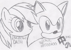 Size: 1552x1092 | Tagged: safe, artist:modrensonic, rainbow dash, g4, crossover, japanese, lineart, male, monochrome, portrait, sonic the hedgehog, sonic the hedgehog (series), traditional art